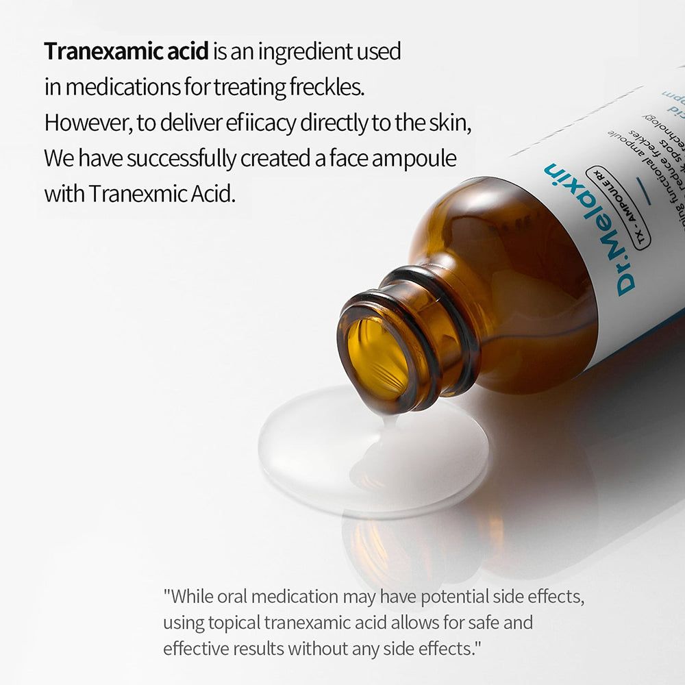 Dr. Melaxin TX Ampoule renversée libérant du sérum. Acide tranexamique pour la peau.