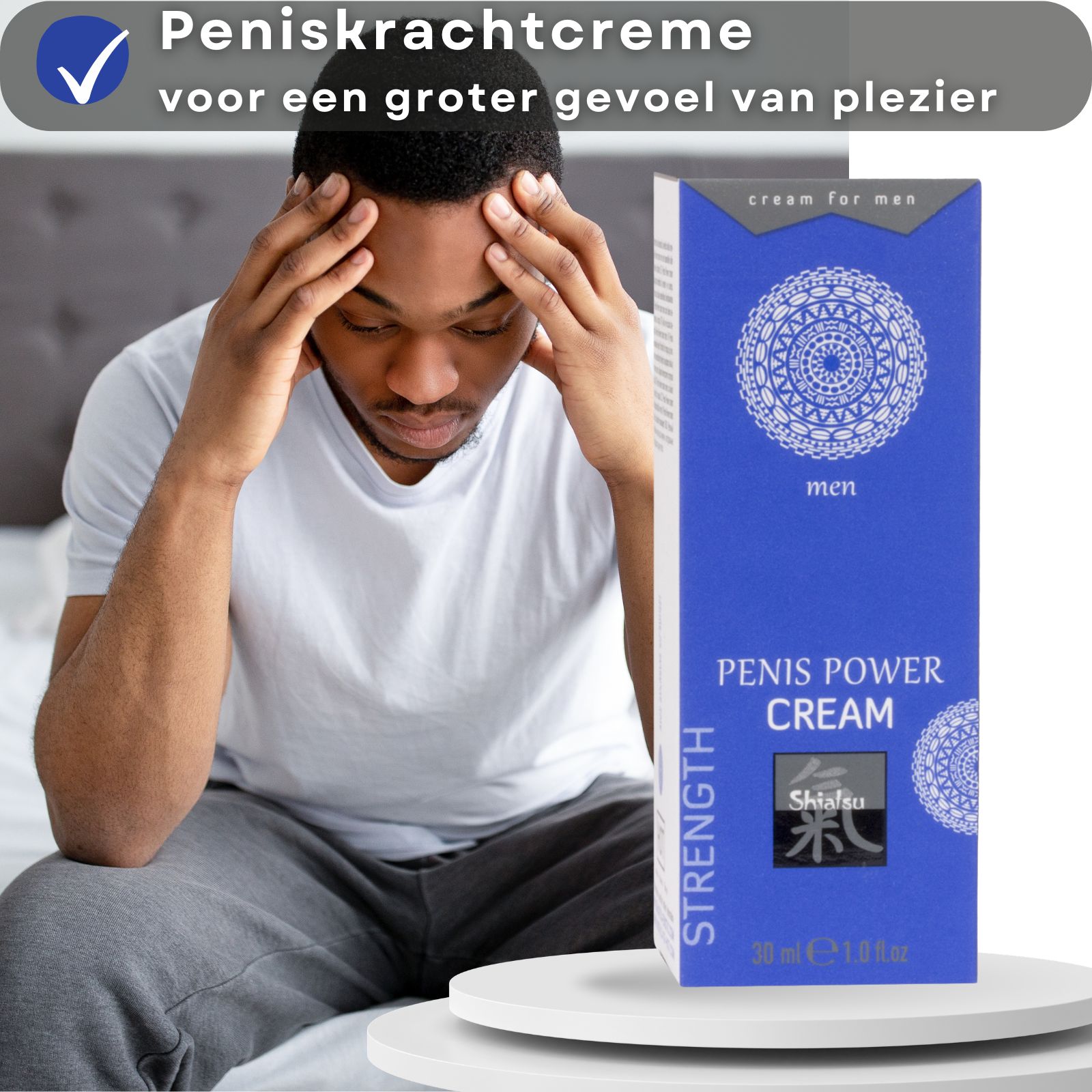 Shiatsu Penis Power Creme tube, blauw, met mandala-patroon, tekst en zegel.