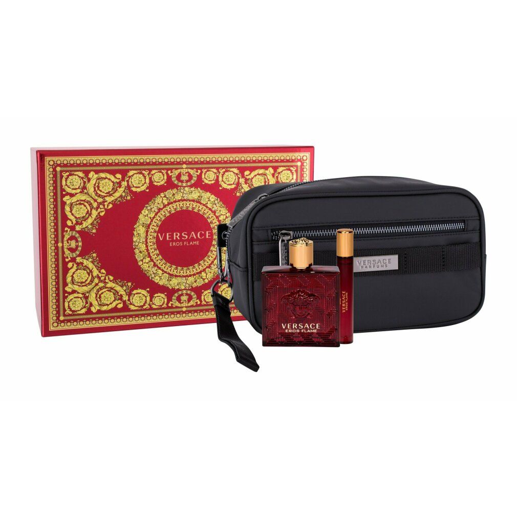 Geschenkdoos, toilettas, fles en roller. Tekst: Versace Eros Flame. Zwarte tas.