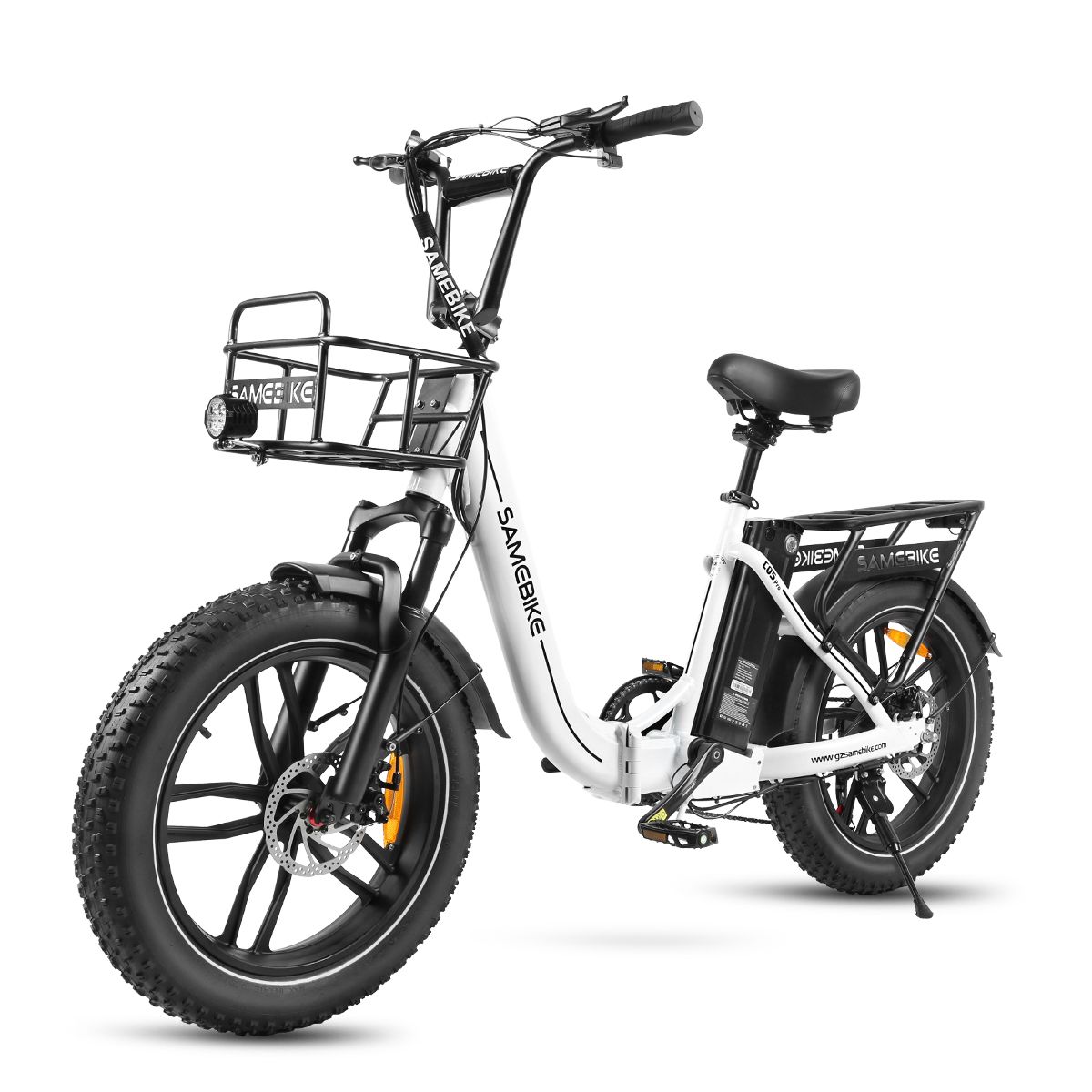 Vélo électrique blanc SAMEBIKE C05 Pro. Panier, pneus et porte-bagages noirs. Vue latérale.