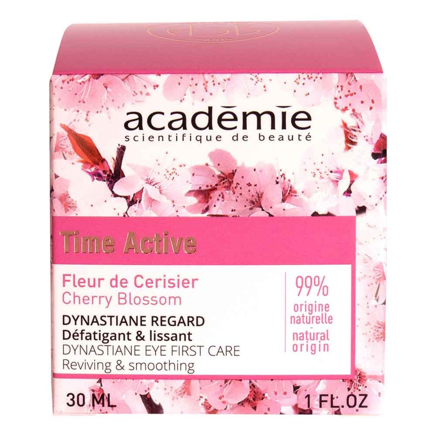 Roze verpakking met kersenbloesem. Opschrift "académie scientifique de beauté". Productnaam "Time Active Dynastiane Regard".