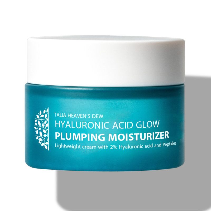 Een blauwe pot met de tekst 'Hyaluronic Acid Glow Plumping Moisturizer'.