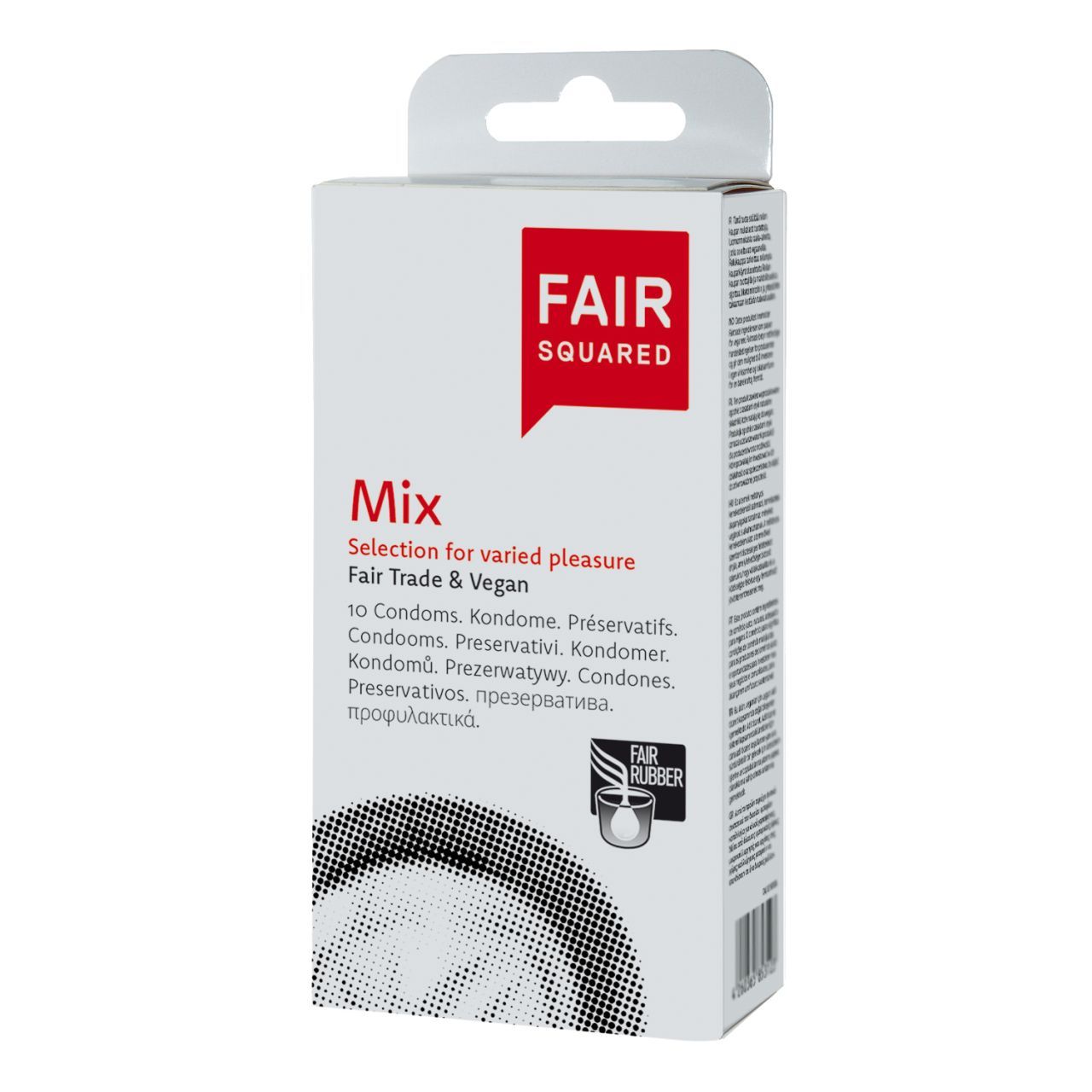 Boîte blanche avec logo rouge "FAIR SQUARED" et texte "Mix". Inscriptions multilingues. Fair Trade & Vegan.