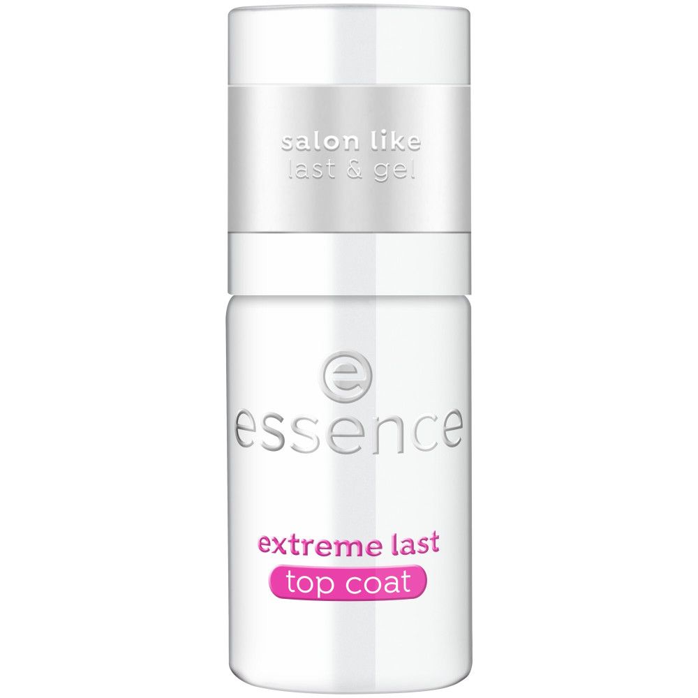 Essence Top Coat Extreme Halt. Flacon transparent fermé avec bouchon. Inscription rose 'extreme last top coat'.