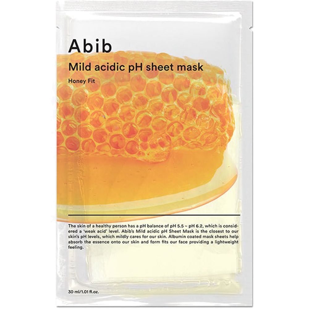 Verpakking met masker. Opschrift: Abib, Mild acidic pH sheet mask, Honey Fit. Illustratie: honingraat. Tekst onderaan.