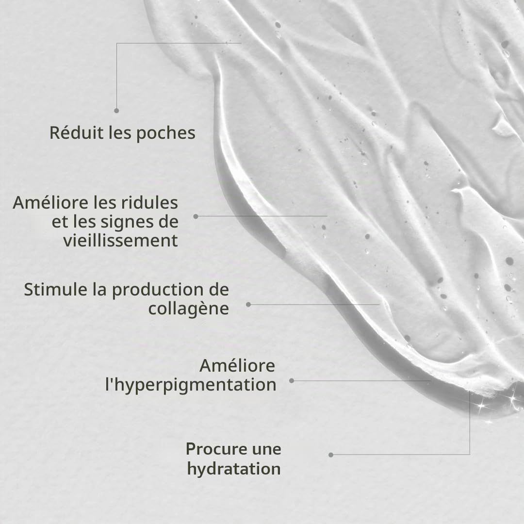 Texture gelée transparente avec des bulles d'air, appliquée sur la peau. Les étiquettes décrivent des avantages tels que la réduction des rides et l'hydratation.