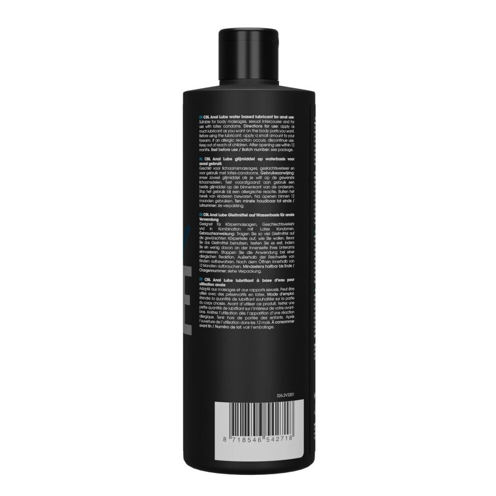 Dos d'un flacon noir. Texte multilingue. Code-barres. Marque Cobeco Bodylube.