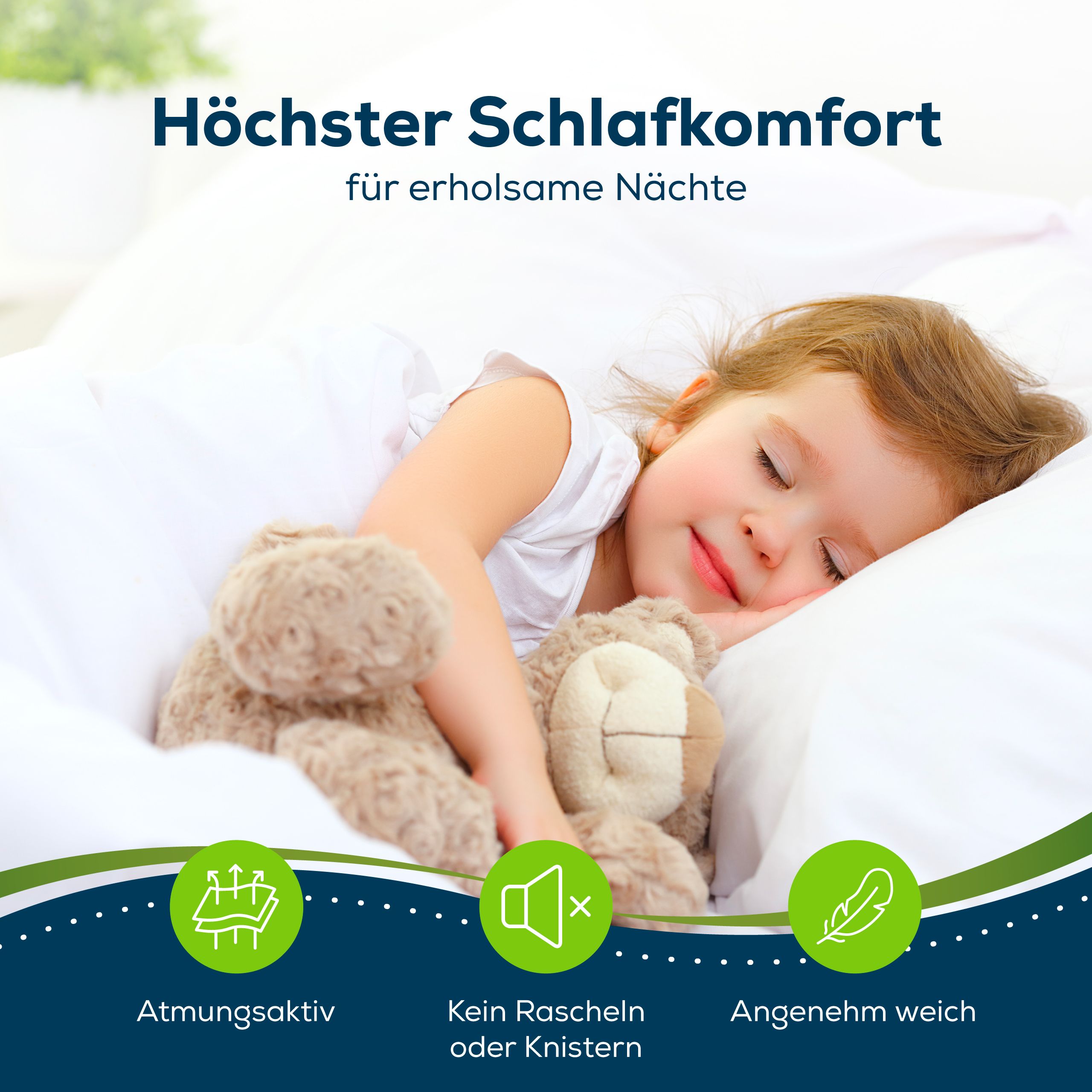Enfant dormant sur drap blanc. Texte : Confort de sommeil optimal. Symboles : respirant, silencieux, doux.