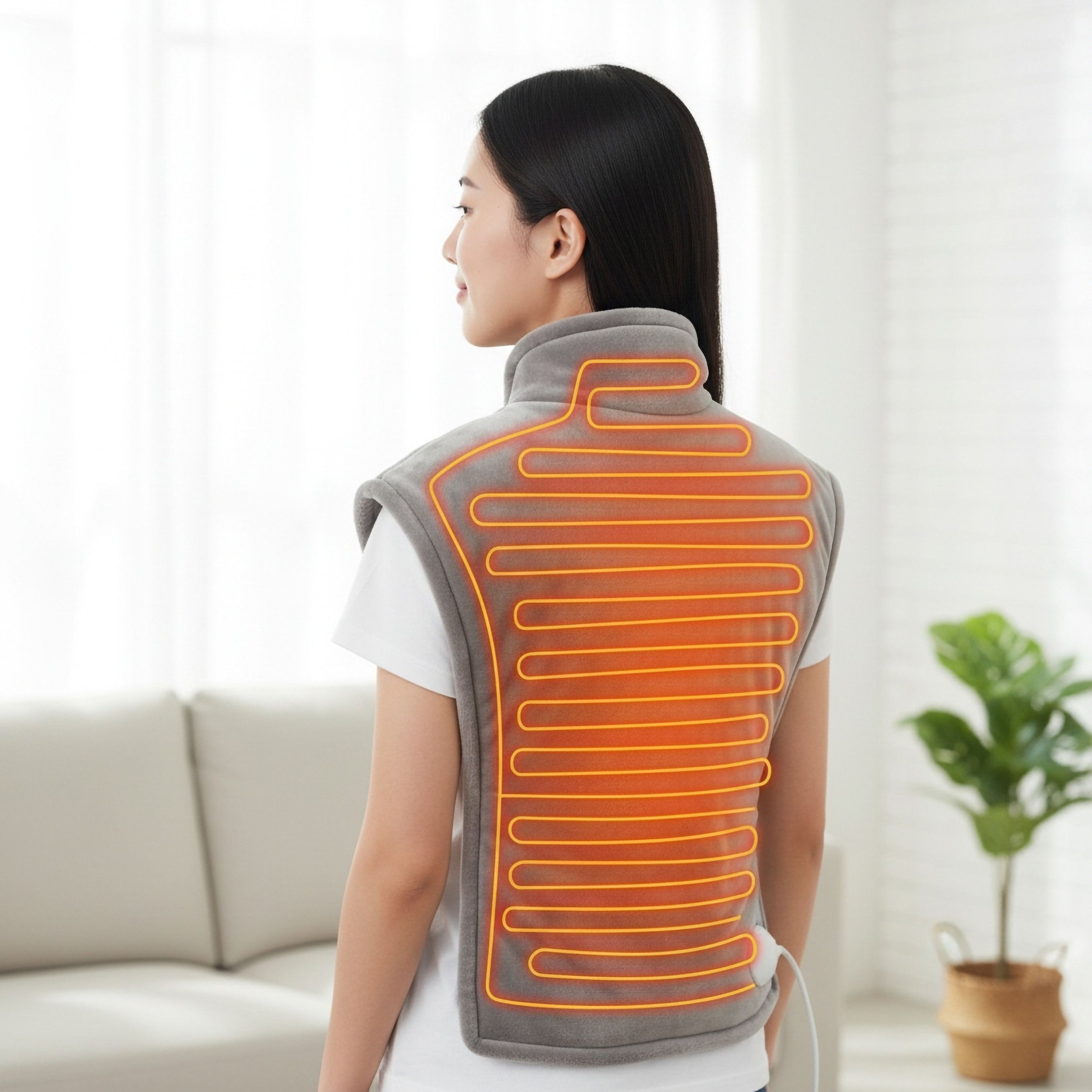 Grijze warmtesjaal met verwarmingsdraden, gedragen door een vrouw. De sjaal bedekt de nek en schouders.