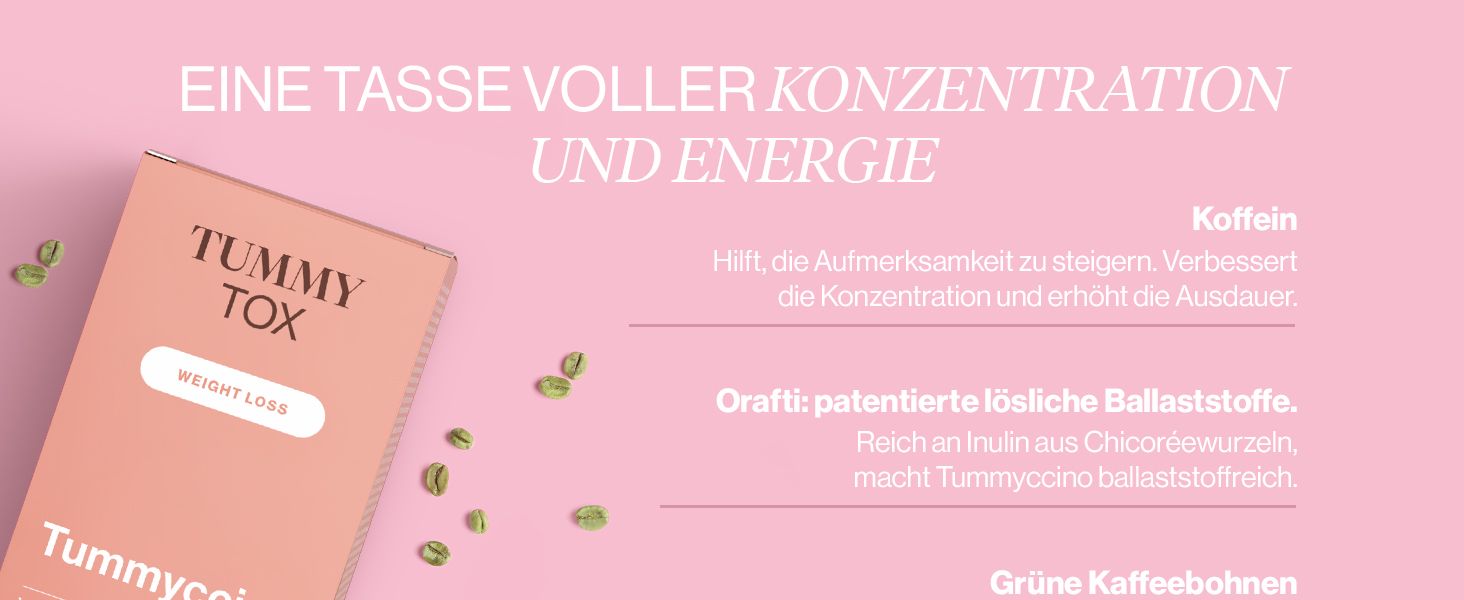 Emballage du produit. Texte: Tummyccino, Cappuccino Drink, caféine, fibres, grains de café vert.