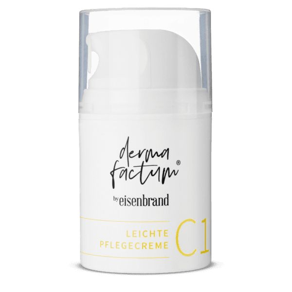 Flacon blanc avec pompe. Inscription: Dermafactum, by eisenbrand, Leichte Pflegecreme, C1.