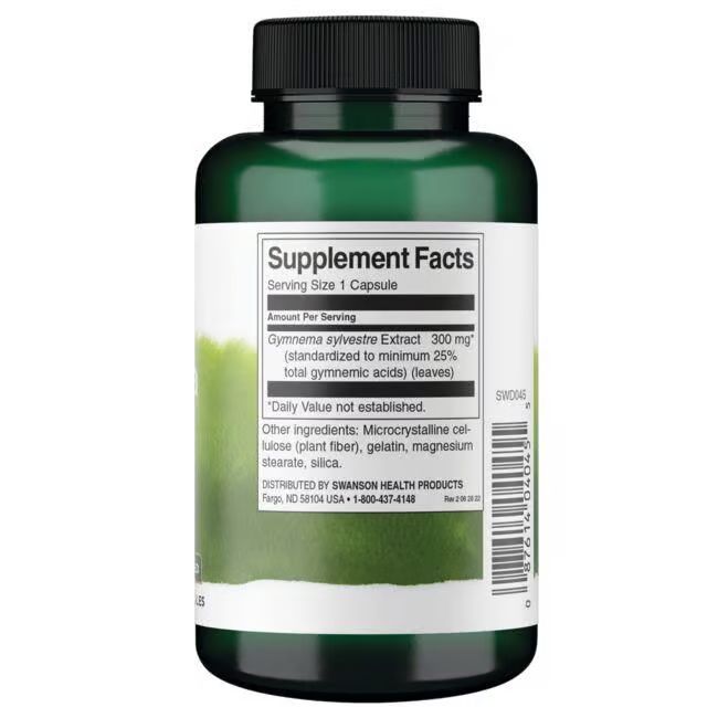 Achterkant van de groene fles. Etiket met voedingswaarde-informatie. Gymnema Sylvestre Extract, 300 mg per capsule.