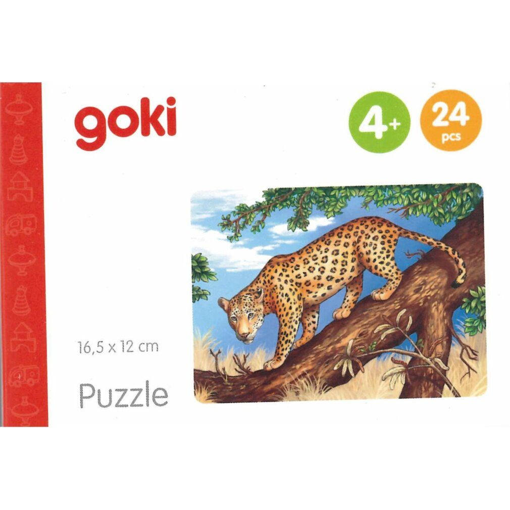 Puzzle Goki avec léopard. 24 pièces, à partir de 4 ans. L'emballage montre un léopard sur une branche. Dimensions : 16,5 x 12 cm.