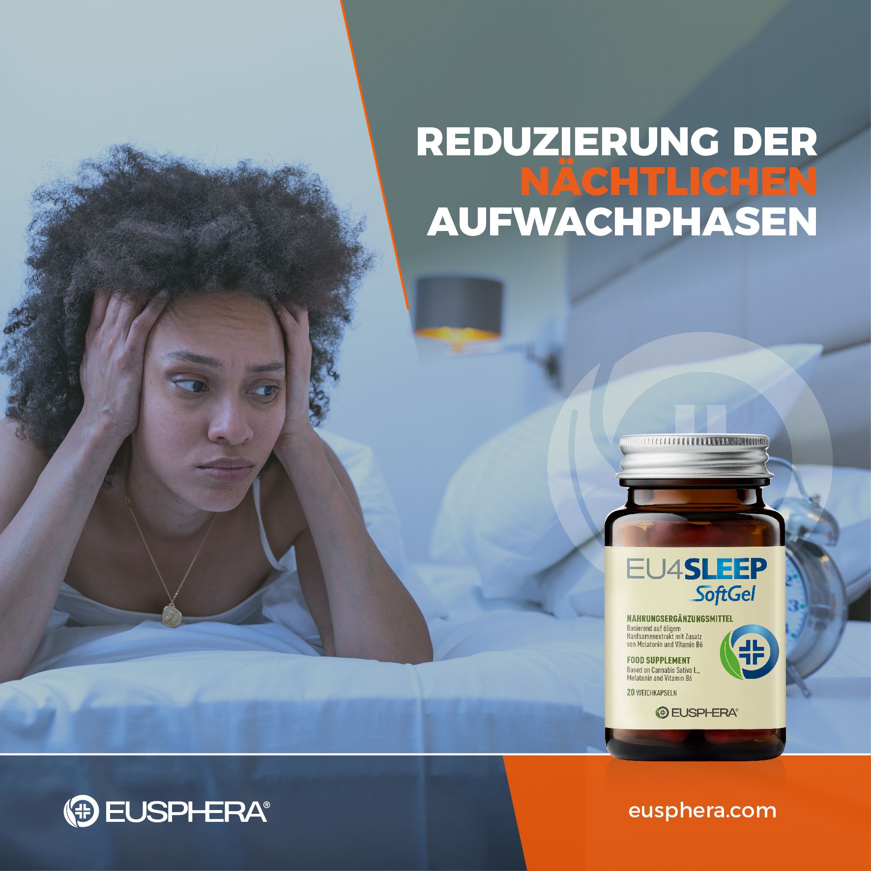 Femme au lit, agitée. À côté, flacon EU4SLEEP SoftGel. Texte: Réduction des phases d'éveil nocturnes.