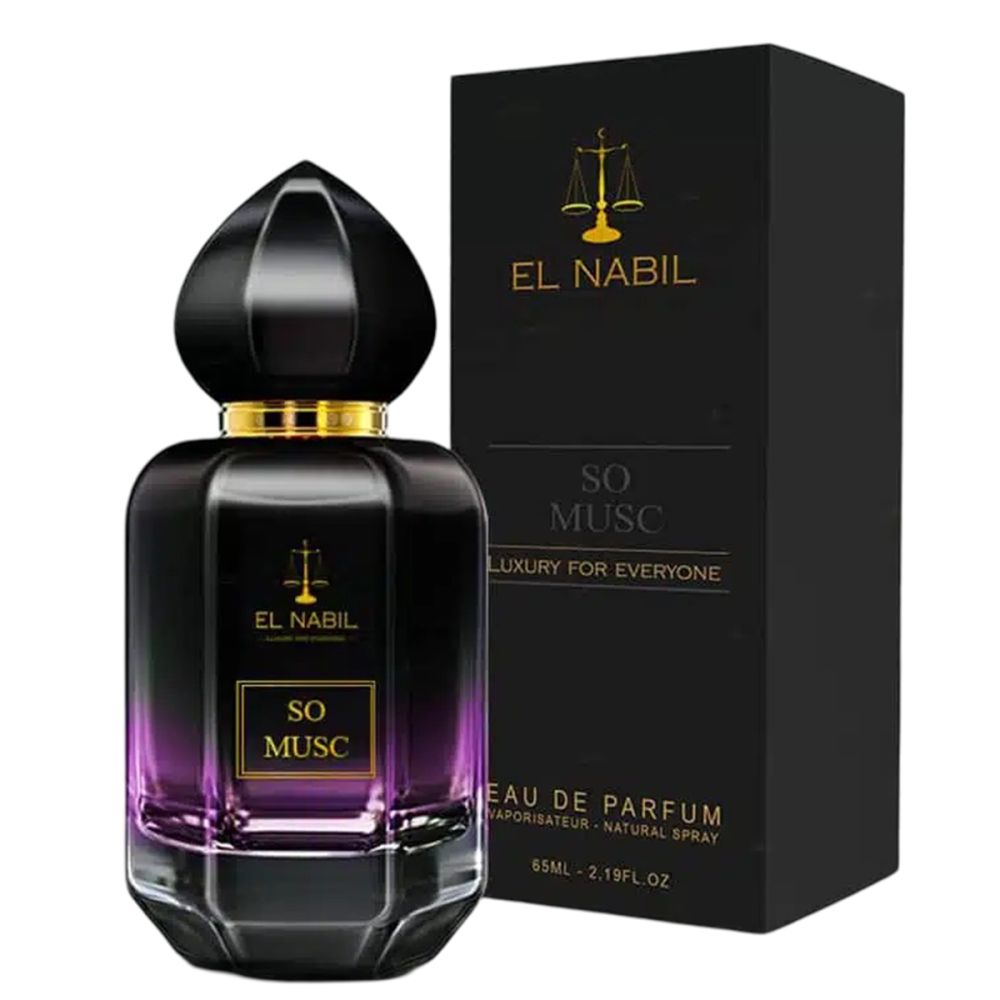 Flacon noir avec bouchon doré et étiquette. Inscription : El Nabil, So Musc. Emballage noir avec logo et texte.