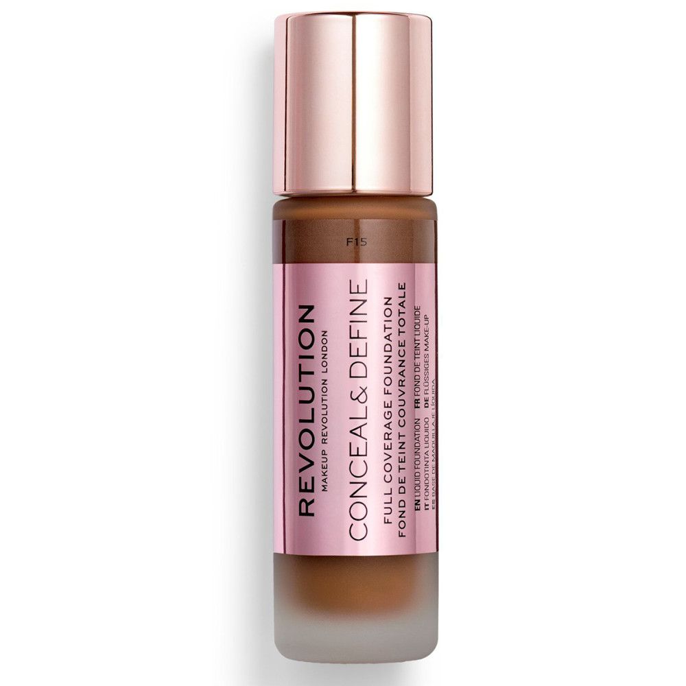 Foundationfles met roségouden dop. Roze etiket met productnaam en merk. Glazen fles met inhoud.