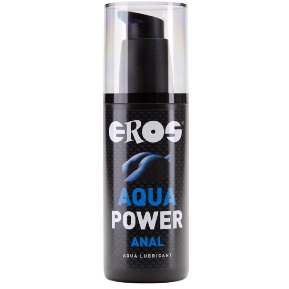 Lubrifiant anal Eros Aqua Power dans un flacon pompe noir avec capuchon transparent.