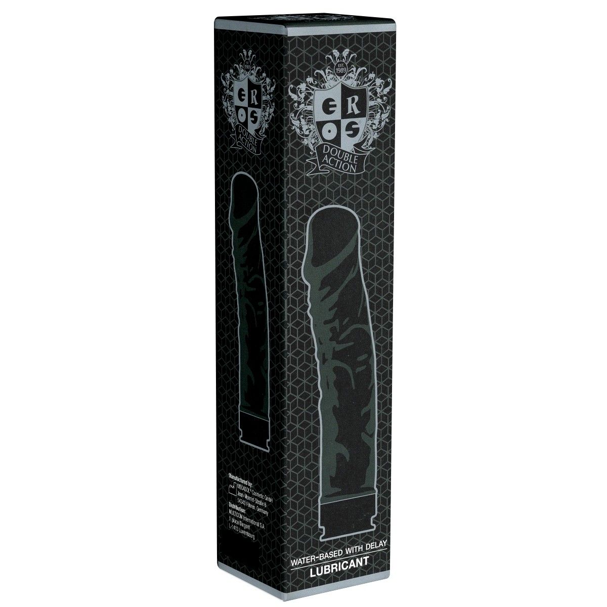 Emballage de lubrifiant EROS Double Action avec une image de produit noir.
