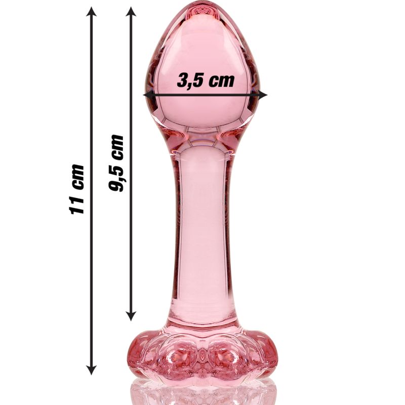 Plug anal en verre rose avec dimensions : 11 cm longueur totale, 9,5 cm longueur de tige, 3,5 cm largeur.
