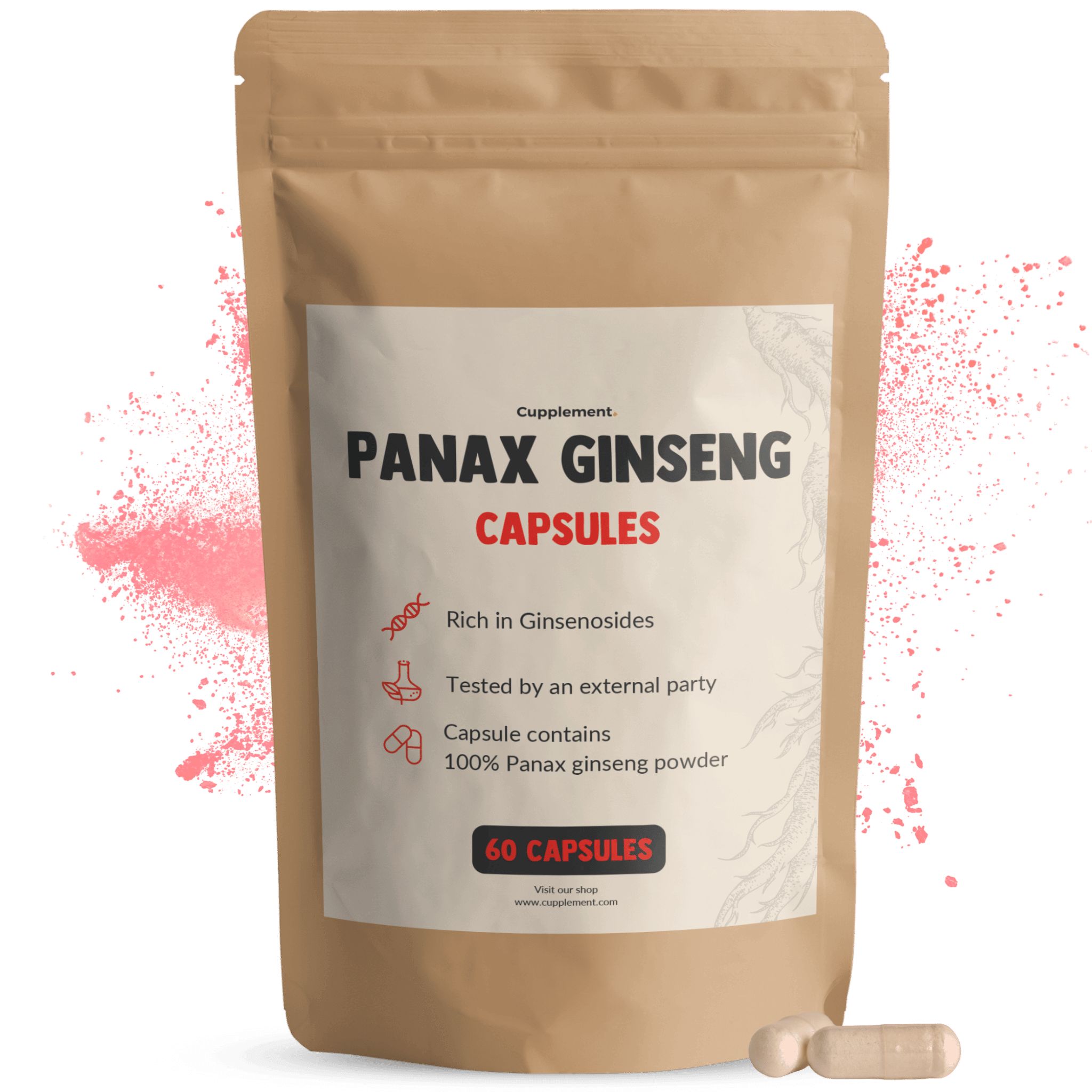 Bruine zak met tekst PANAX GINSENG CAPSULES. Bevat 60 capsules. Twee capsules ernaast.