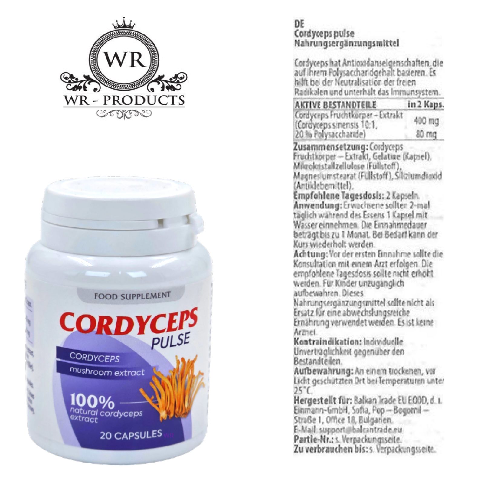 Flacon blanc avec étiquette et texte. Inscription : Cordyceps Pulse, logo WR-PRODUCTS, ingrédients, dose quotidienne recommandée, mode d'emploi.