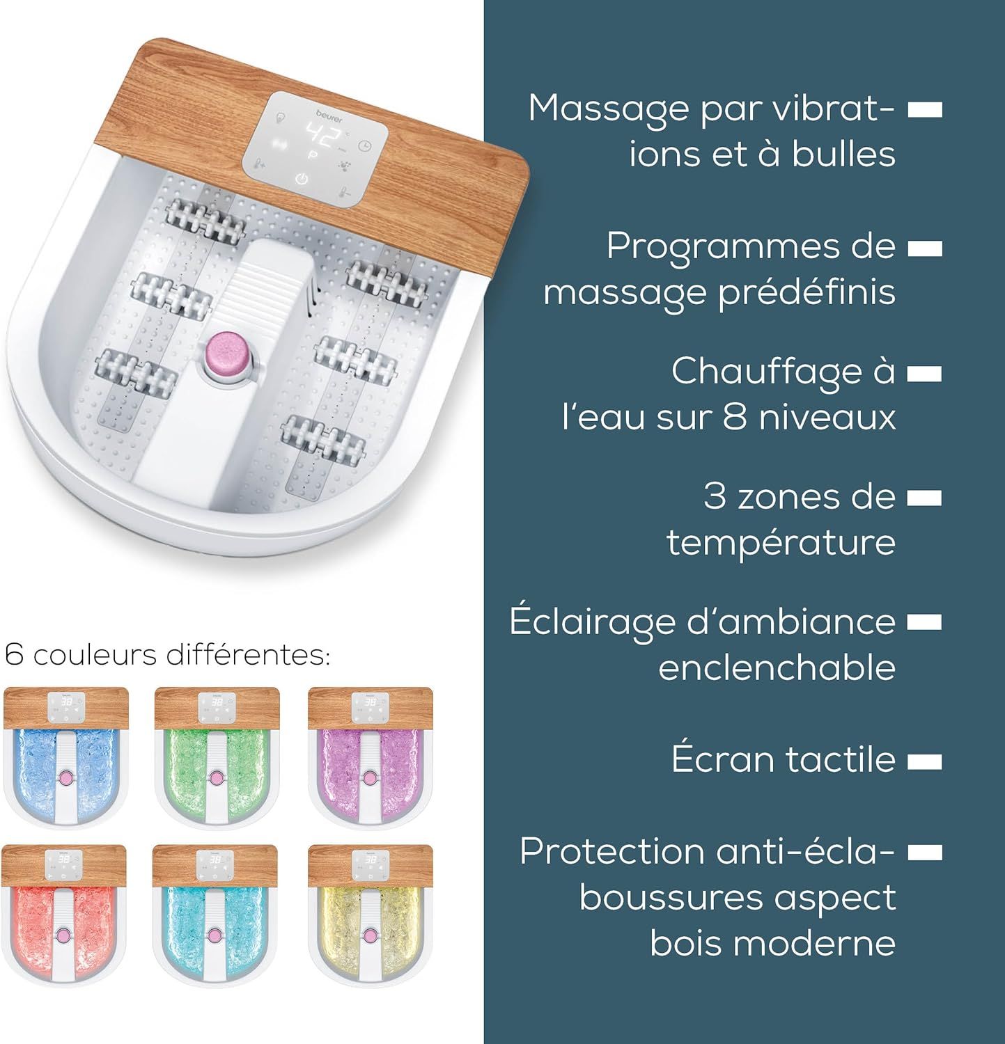 Bain de pieds effervescent avec massage par vibrations et bulles, accents en bois.