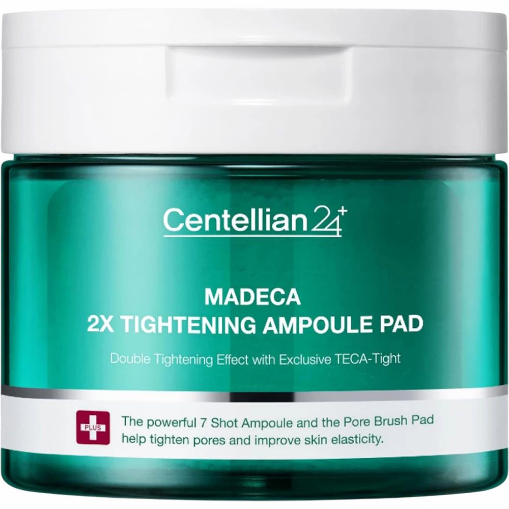 Groene pot met witte deksel. Opschrift: Centellian 24, Madeca 2X Tightening Ampoule Pad. Tekst: Double Tightening Effect.