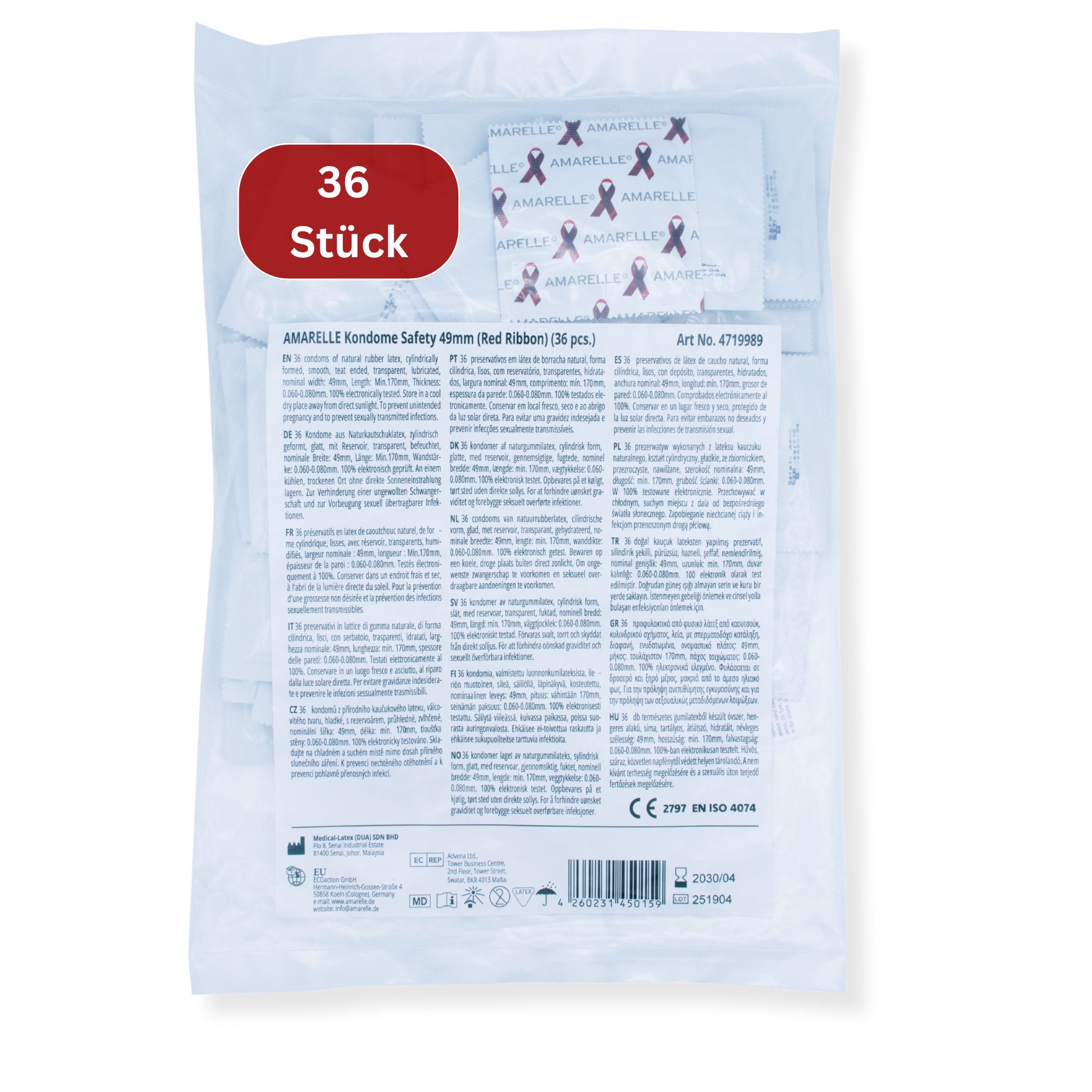Sachet de préservatifs. Impression rouge "36 Stück". Texte: Amarelle Kondome Safety 49mm (Red Ribbon) (36 pcs.).