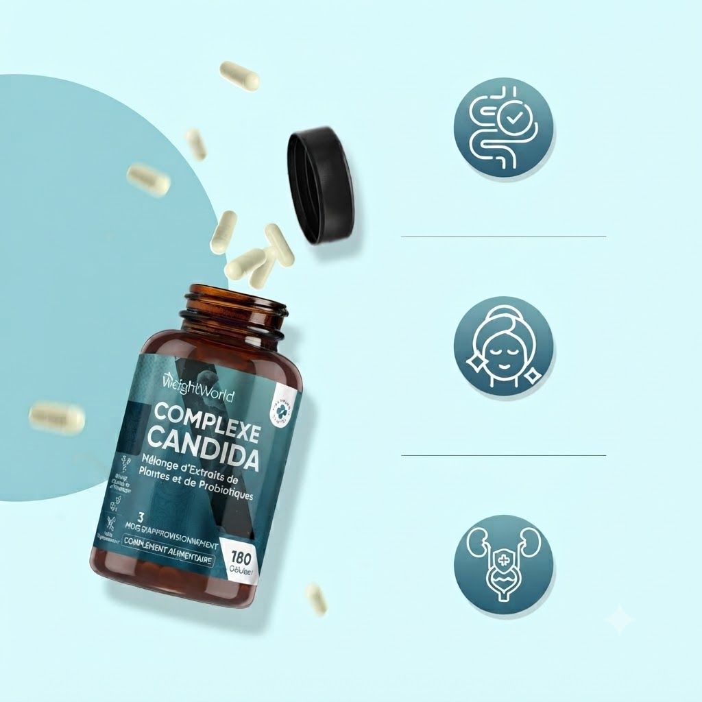 Bouteille brune avec étiquette "COMPLEXE CANDIDA", capsules tombant. Contient 180 capsules.