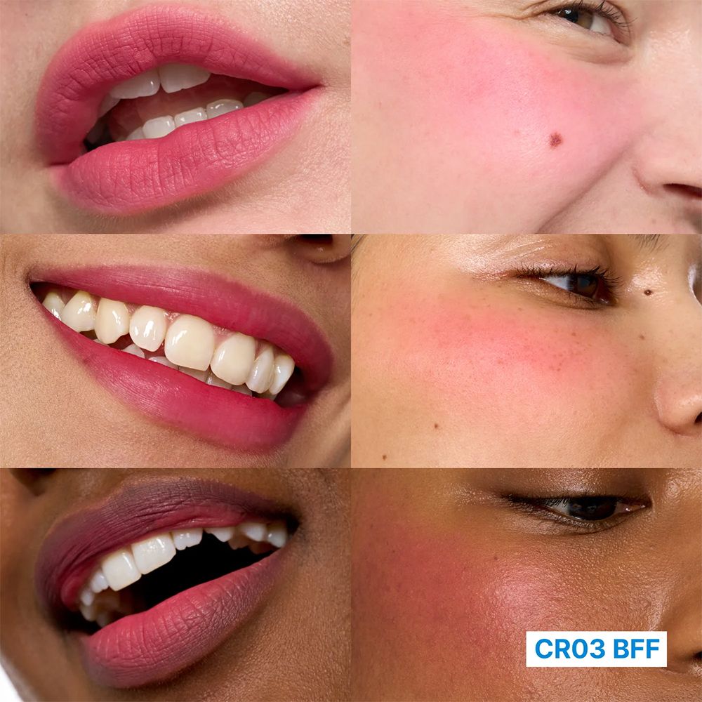 Collage: Lippen en wangen roze gekleurd. Toont verschillende huidtinten en lipvormen.