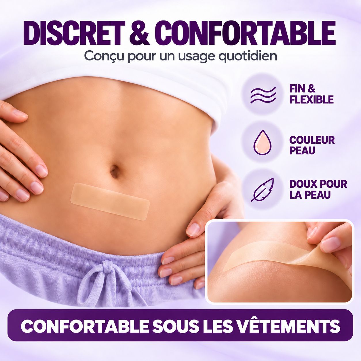 Vue du ventre avec pansement Leiqier appliqué. Discret et confortable.