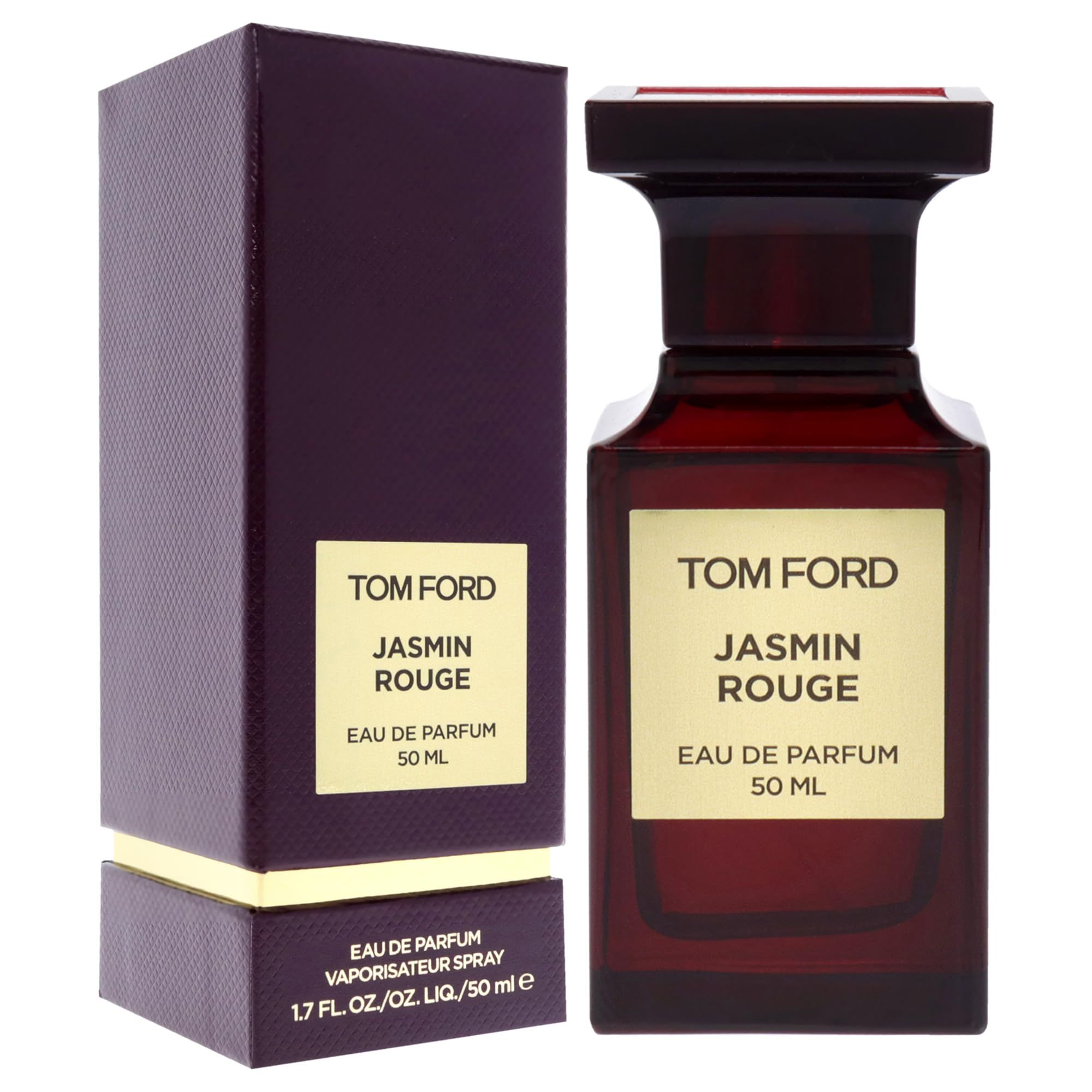 Donkerrode fles en verpakking. Opschrift: Tom Ford Jasmin Rouge. Eau de Parfum. 50 ml. Rechthoekige vorm.