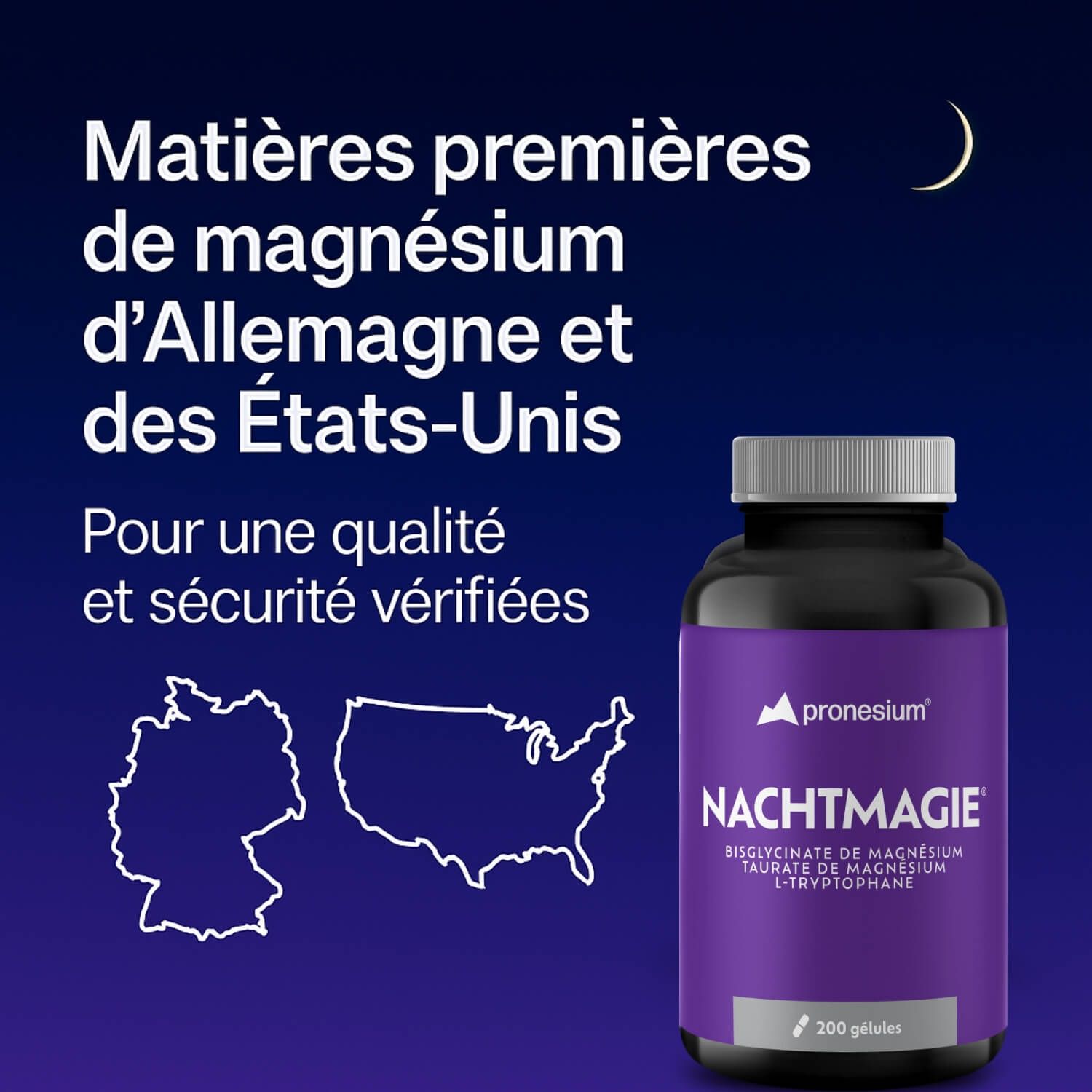 Tableau avec ingrédients par dose journalière. Texte : Magnésium, Magnesiumbisglycinate, Magnesiumtaurate, L-Tryptophane. Sans additifs.