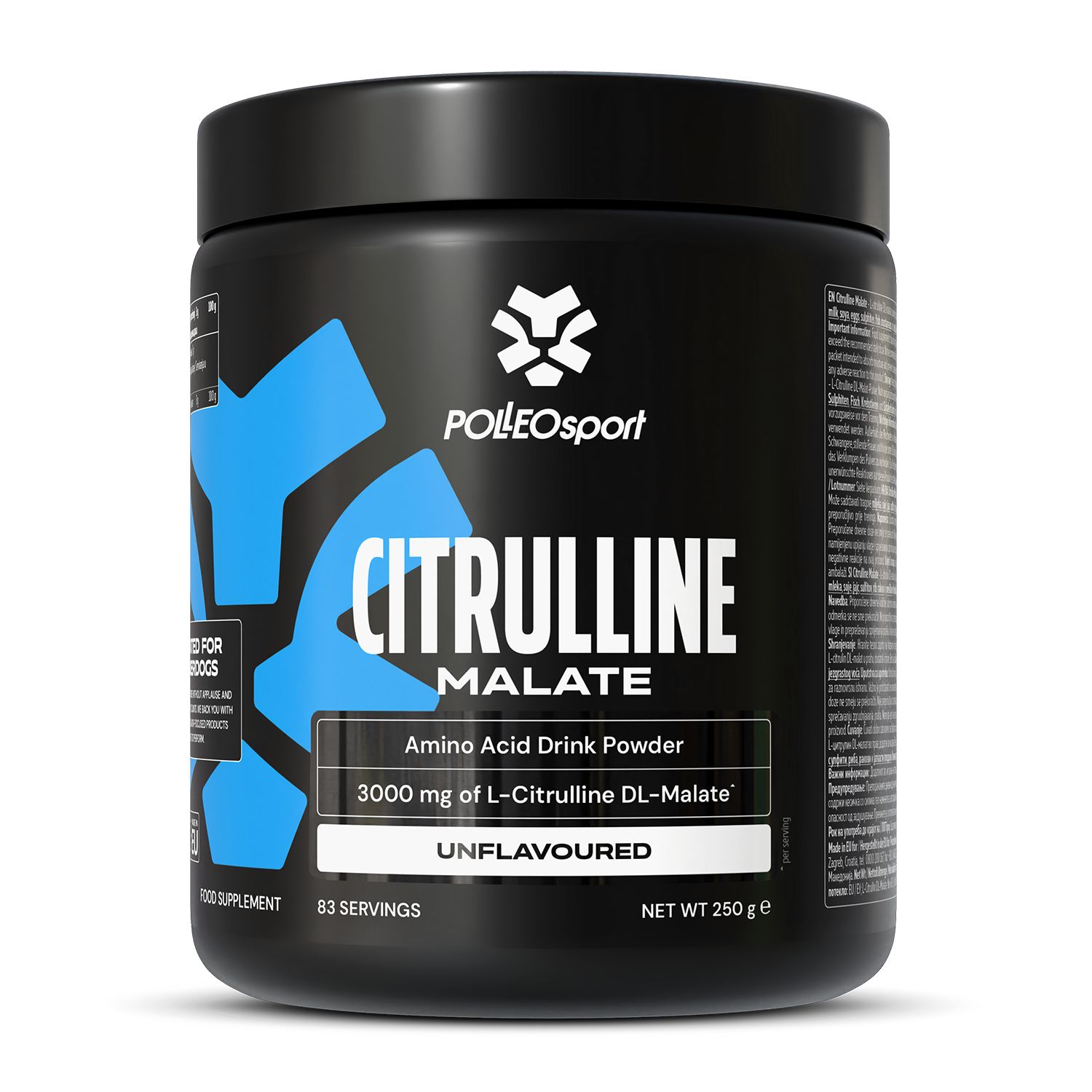 Zwarte pot met witte tekst. Bevat Citrulline Malaat, 3000 mg. Merk: Polleo Sport. Ongeflavourd. 83 porties.