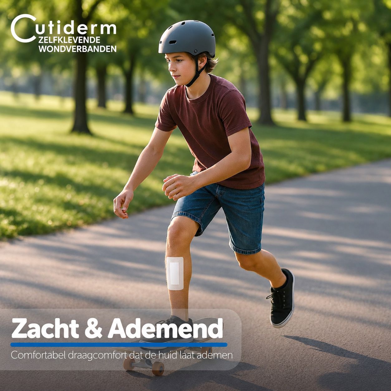 Jongen met helm rijdt op skateboard, verband op scheenbeen zichtbaar.