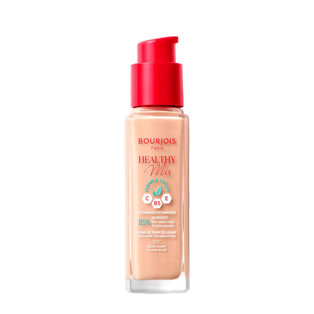 Fles Bourjois Healthy Mix, Rose Ivory. Rode pompdeksel, transparante fles. Opschrift: Healthy Mix, vitaminen, 85% ingrediënten van natuurlijke oorsprong.