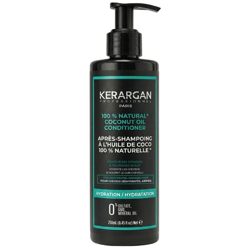 Zwarte fles met pomp. Opschrift: Kerargan, 100% Natural Coconut Oil Conditioner. Franse tekst. 250ml.