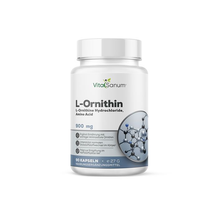 Flacon blanc avec étiquette. Inscription : VitaSanum, L-Ornithine, 900 mg. 90 gélules. Complément alimentaire.