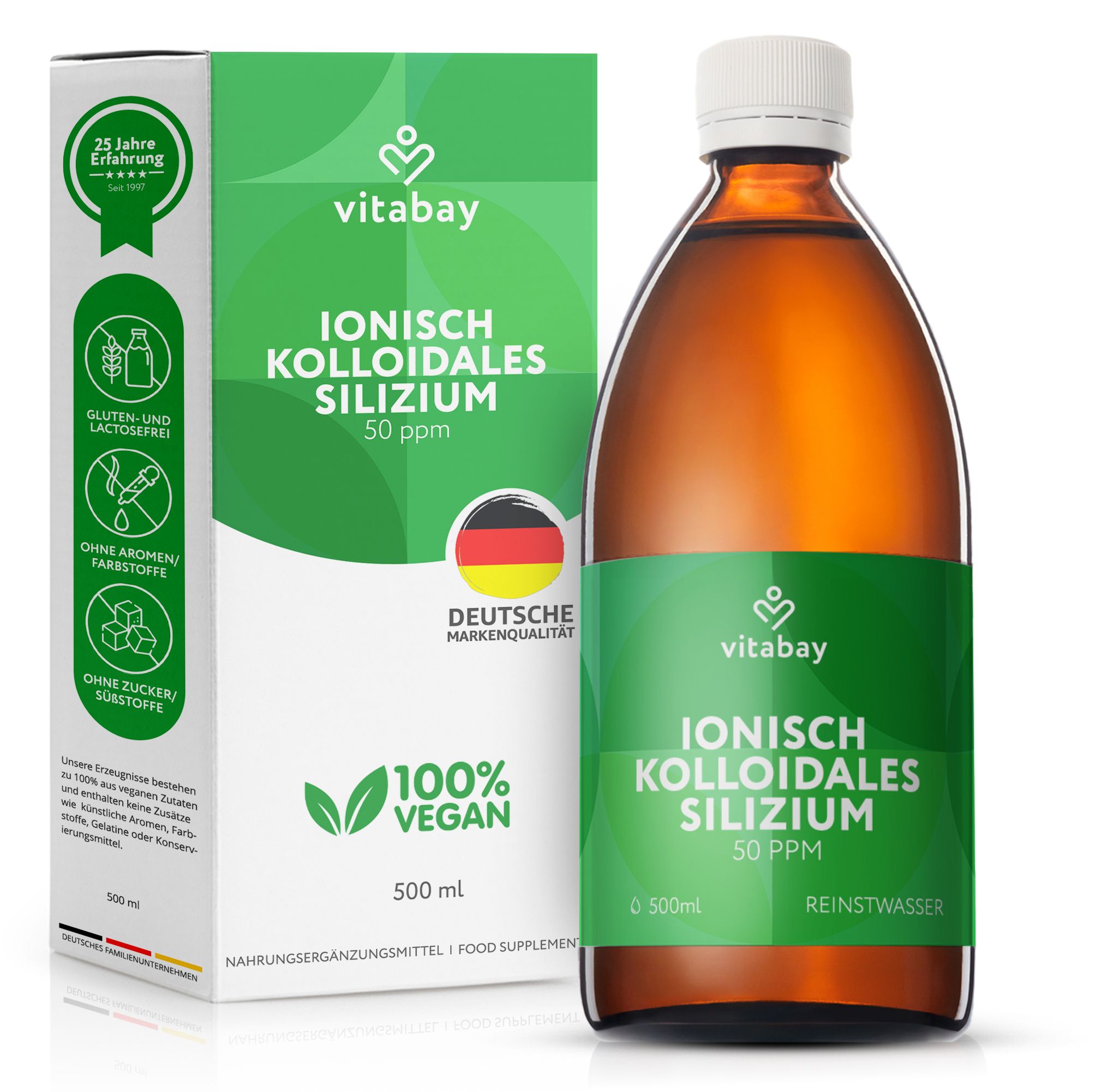 Vitabay Ionisch Colloïdaal Silicium 50 ppm in bruine glazen fles met kartonnen verpakking. 500 ml.