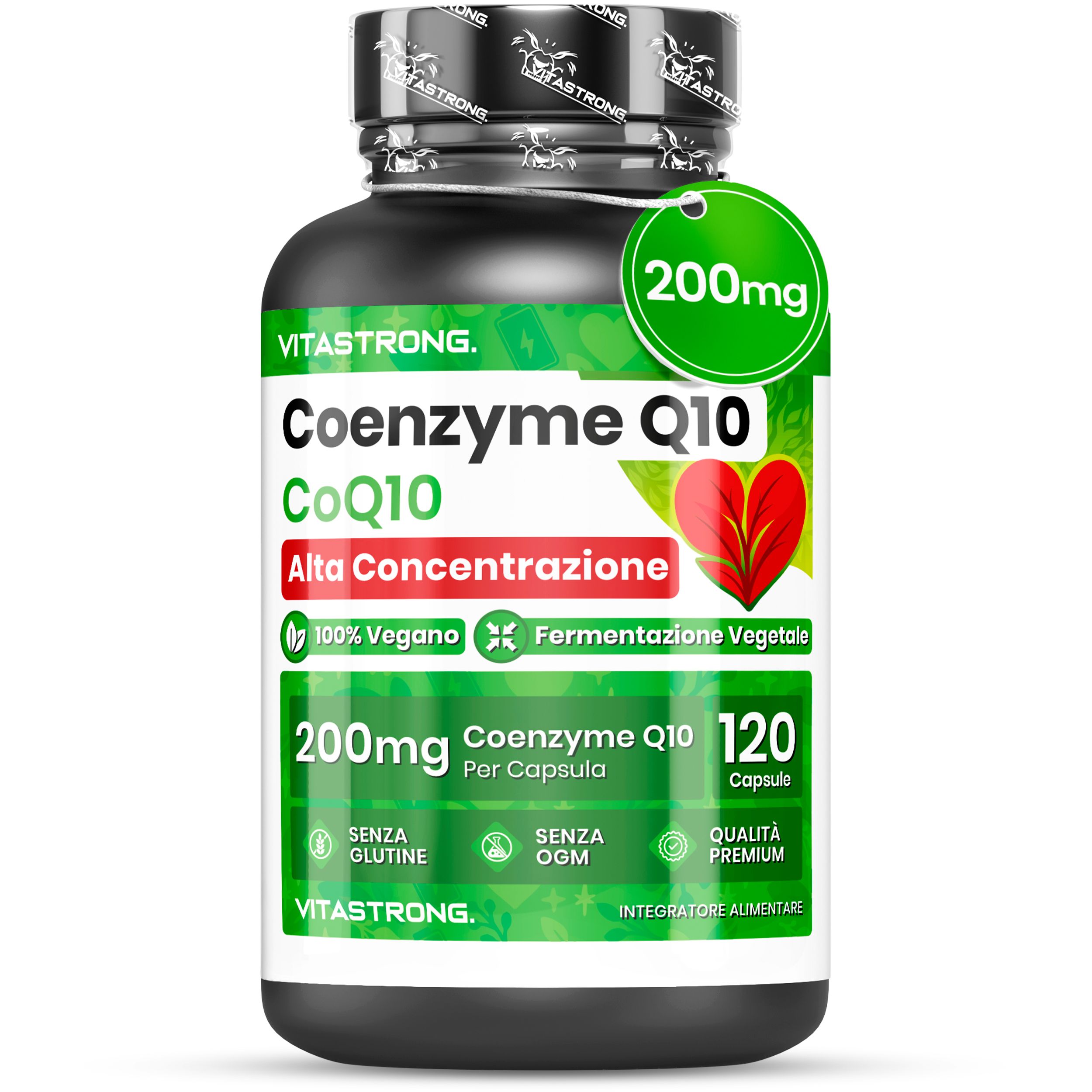 Flacon noir avec texte vert. Coenzyme Q10, 200mg, 120 gélules. Végétalien, fermentation, sans gluten, sans OGM.