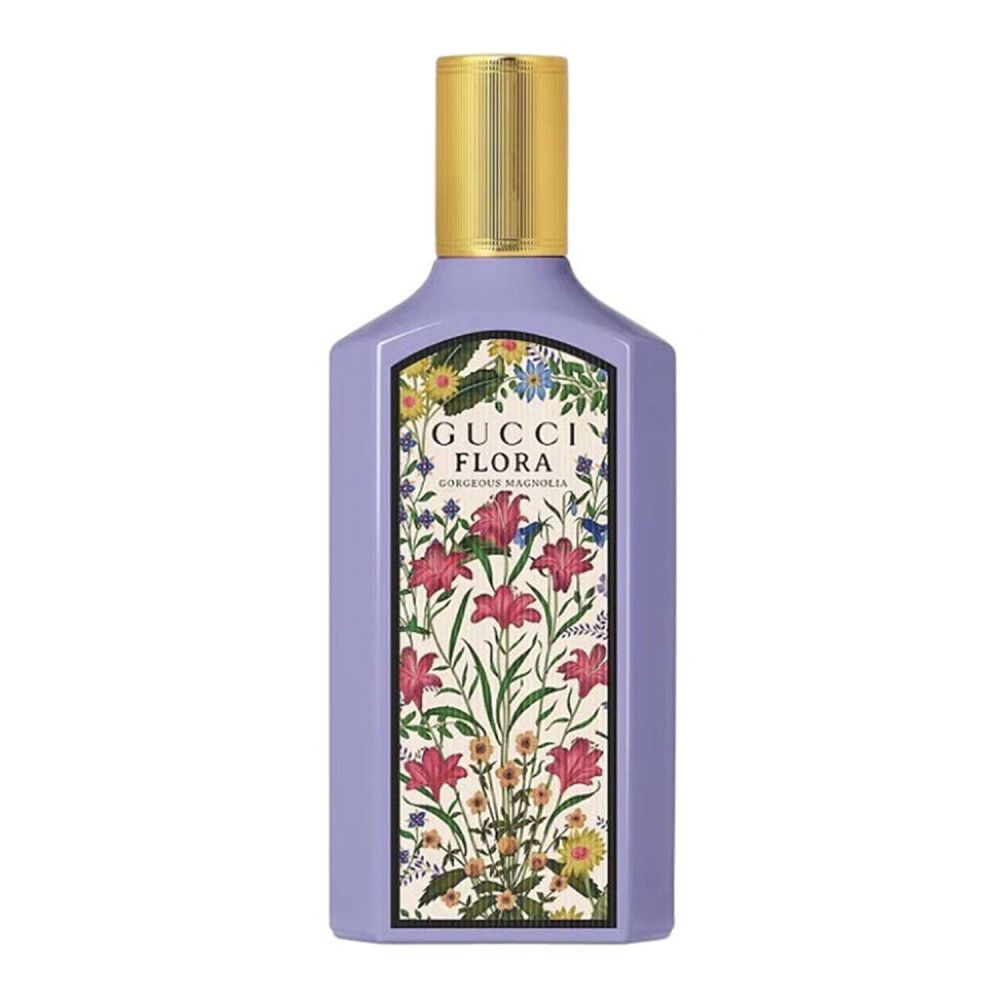 Flacon avec étiquette florale. Bouchon doré. Inscription : Gucci Flora Gorgeous Magnolia.