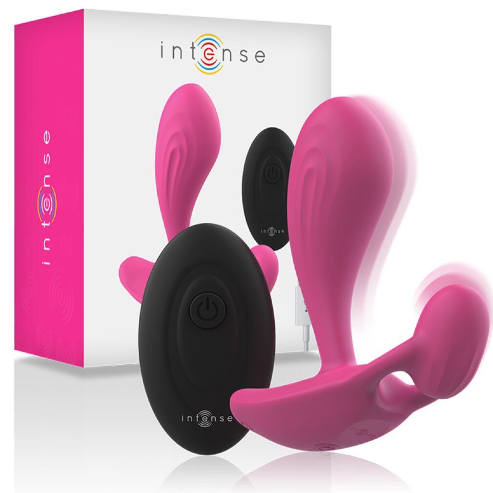 Emballage et vibrateur rose avec télécommande, marque Intense.