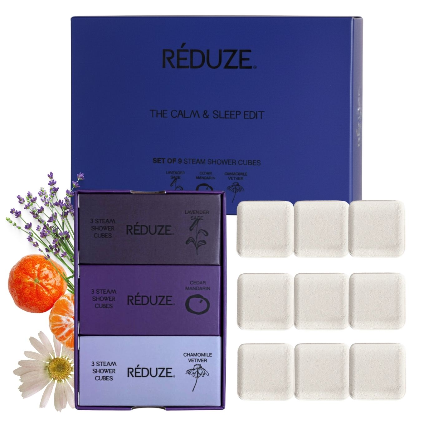 Boîte bleue RÉDUZE, 9 cubes de douche. Lavande, mandarine, camomille. The Calm & Sleep Edit.