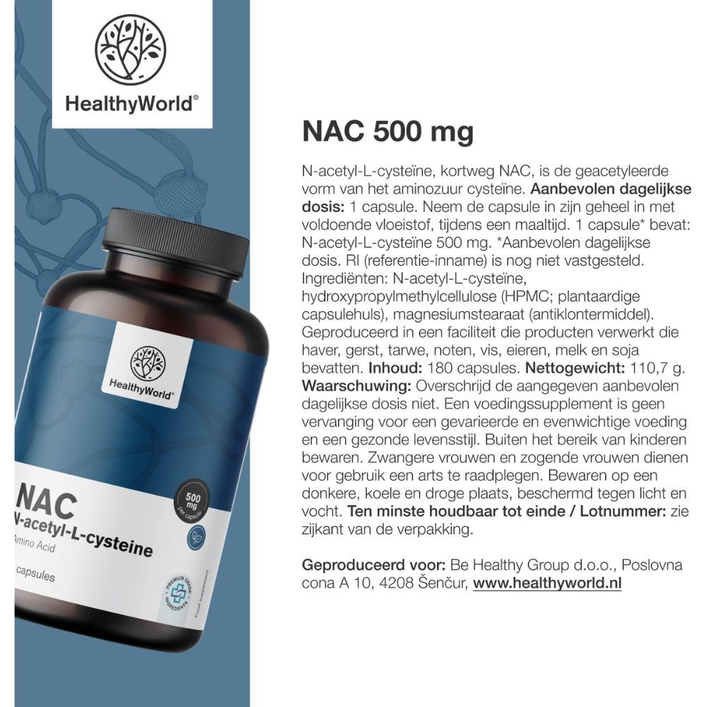 Fles NAC 500 mg, 180 capsules. Tekst en ingrediënten. Logo: HealthyWorld.