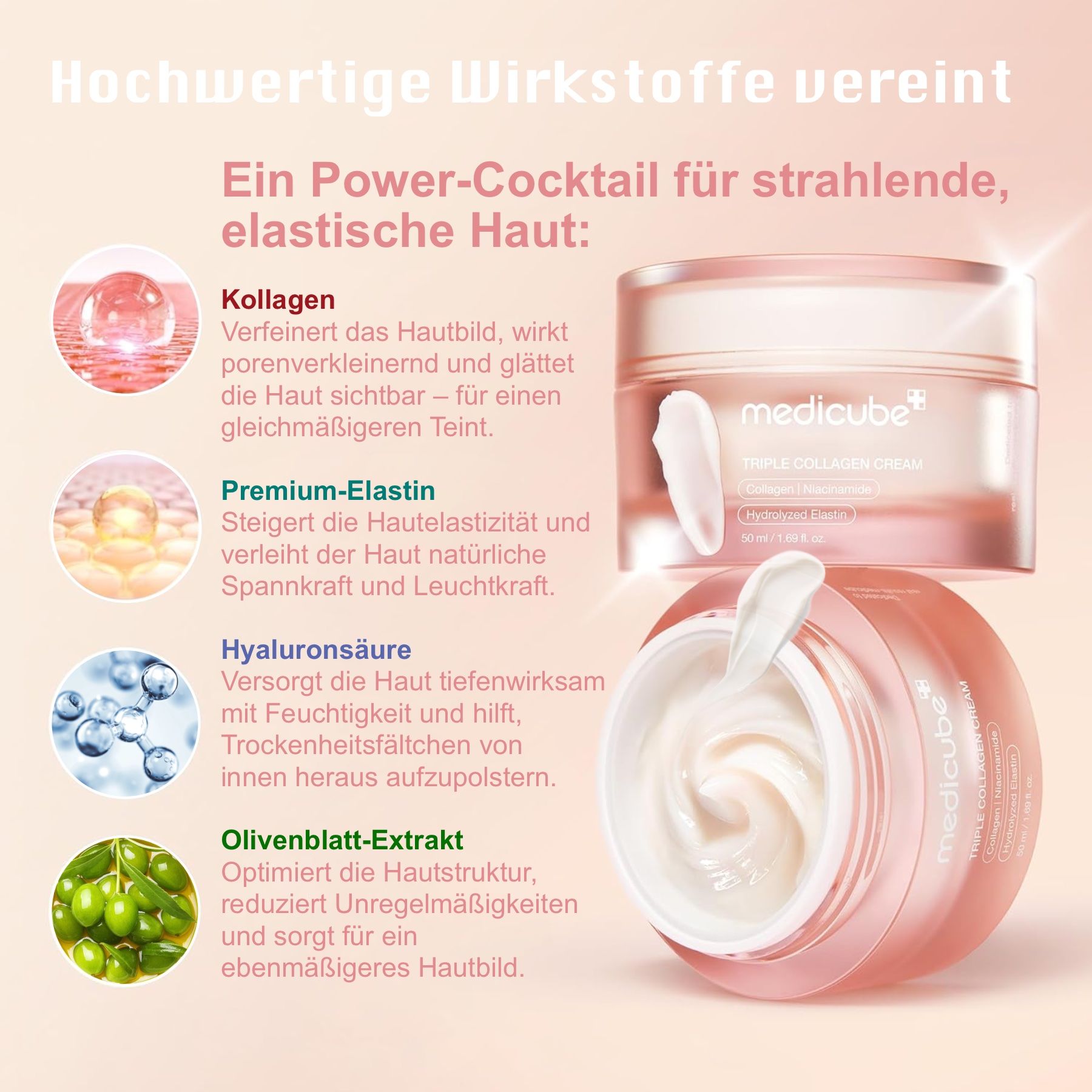 Pot Medicube Triple Collagen Cream avec couvercle ouvert, montrant la crème.