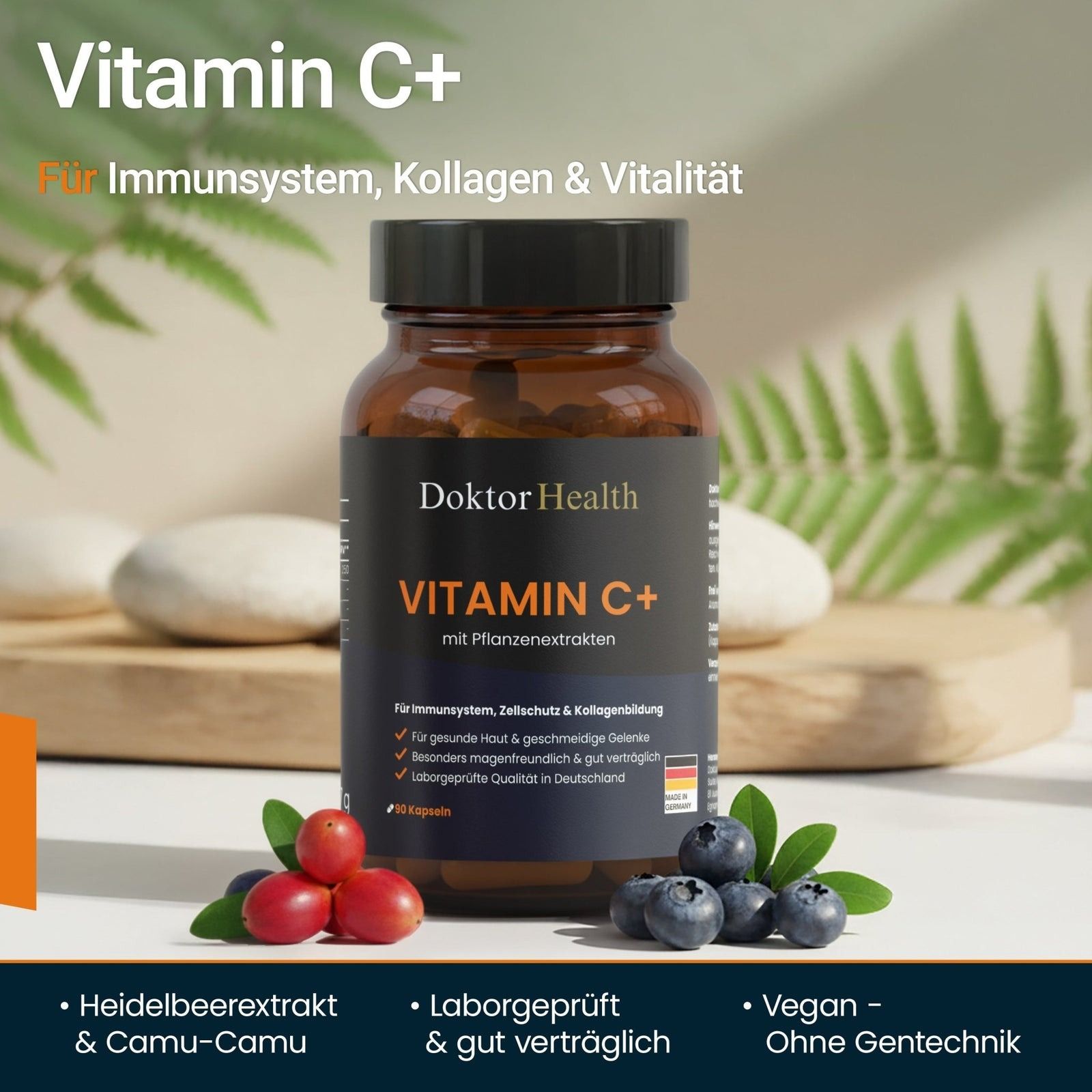 Flacon en verre brun de gélules Vitamin C+. Inscription : Doktor Health, Vitamin C+ avec extraits de plantes. Myrtilles et fruits de camu-camu.