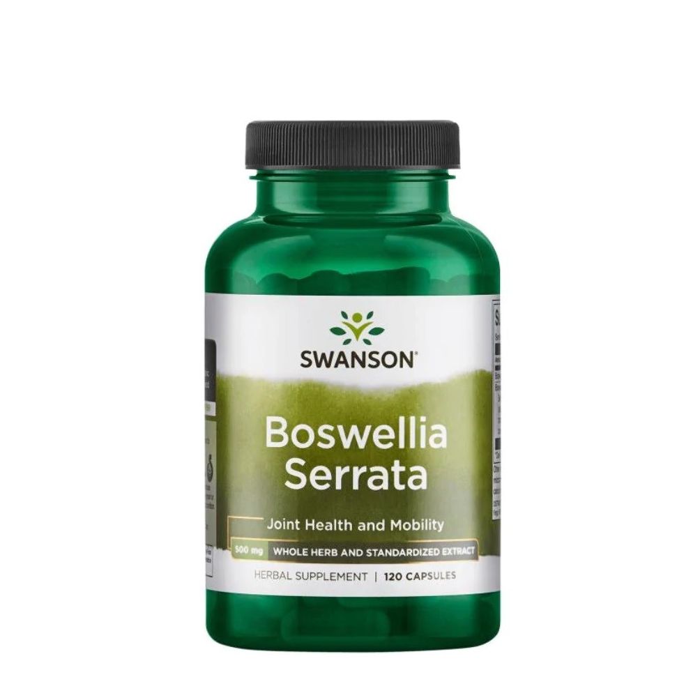 Groene fles met zwarte dop. Opschrift: SWANSON, Boswellia Serrata, 120 capsules. Voor gewrichtsgezondheid en mobiliteit.