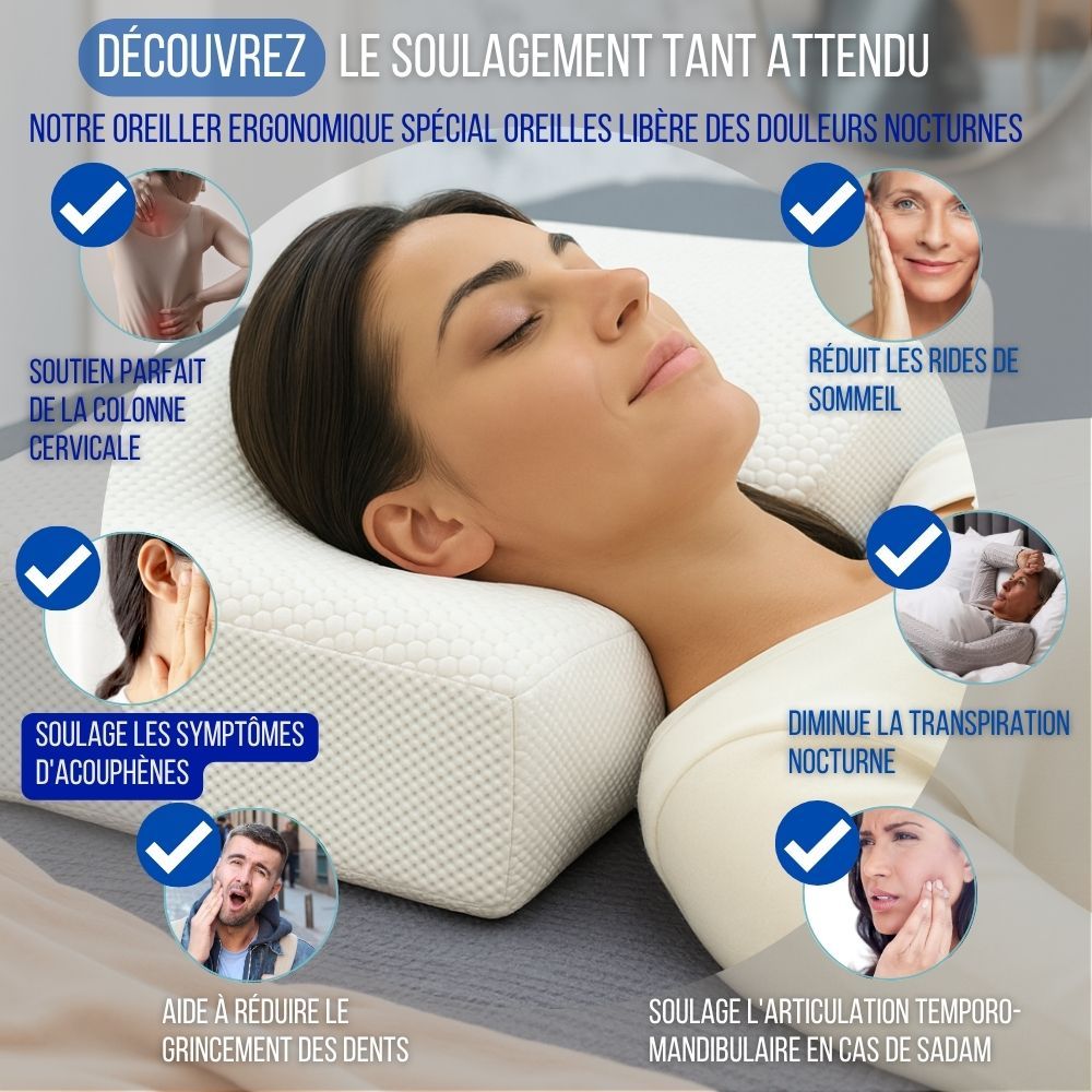 Femme allongée sur un oreiller ergonomique. Avantages : soutien du cou, anti-rides, etc. Symboles bleus.