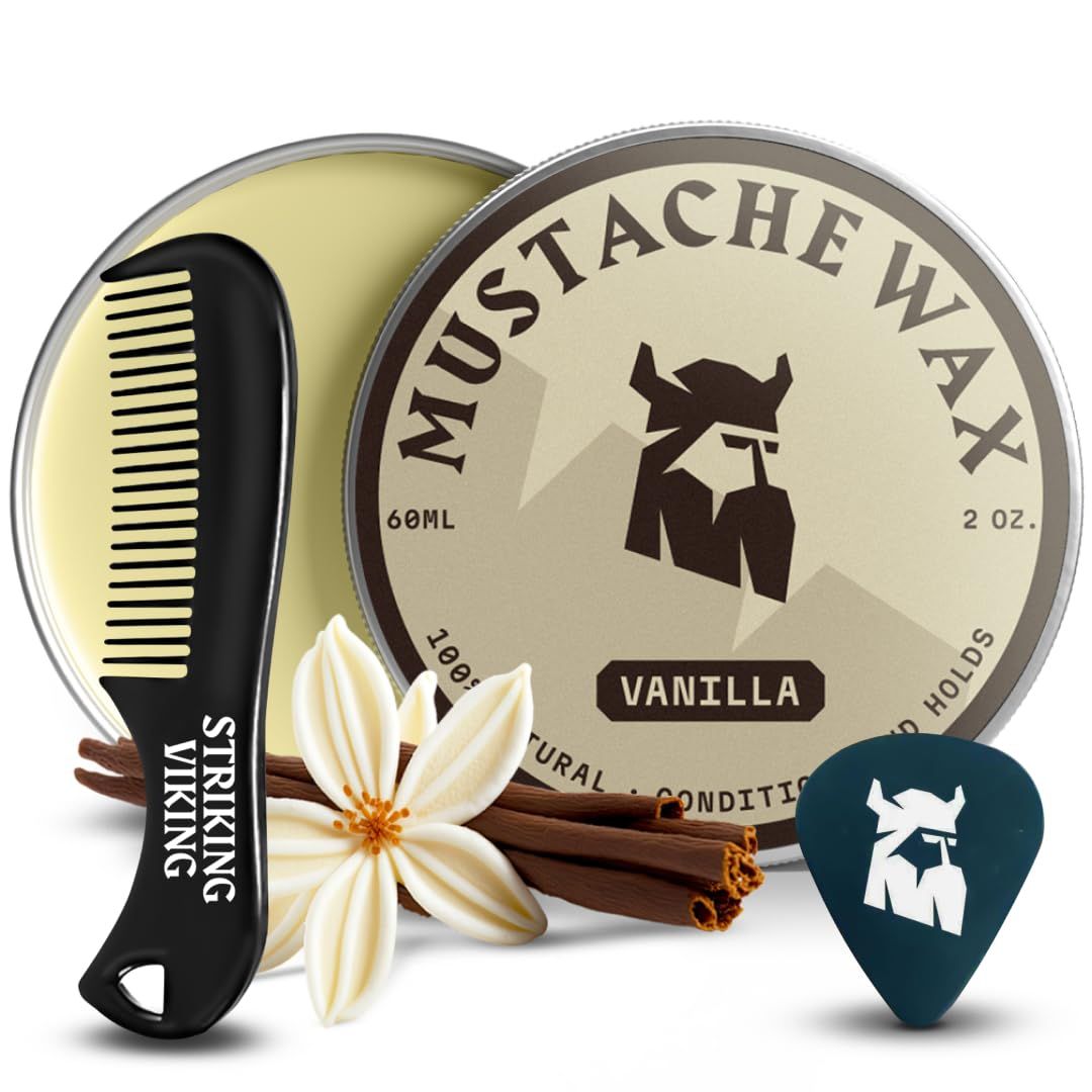 Snorrenwax pot en kam. Pot met opschrift "Mustache Wax Vanilla". Zwarte kam met "Striking Viking" opschrift. Accessoire: plectrum.