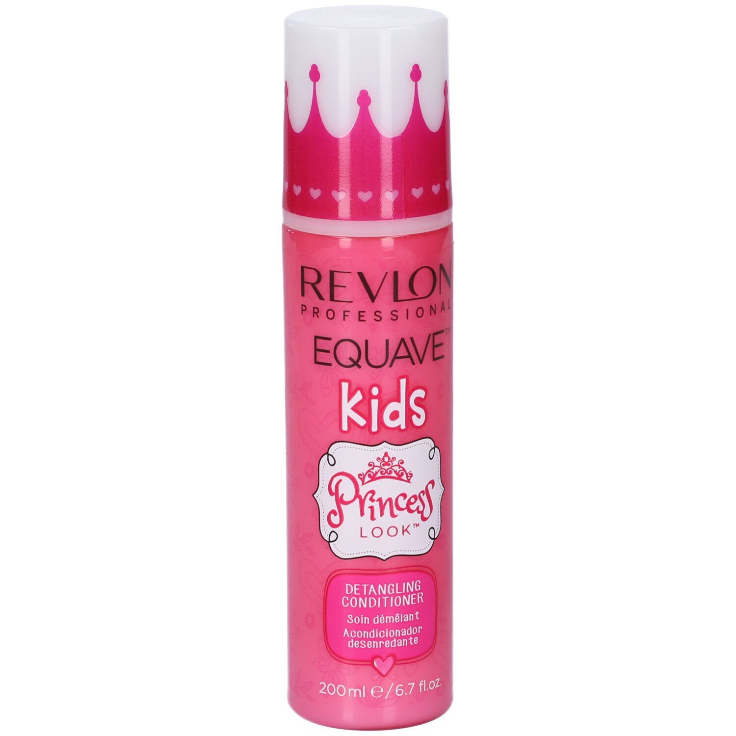 Flacon rose avec bouchon blanc. Inscription: Revlon Equave Kids Princess Look. Démêlant.